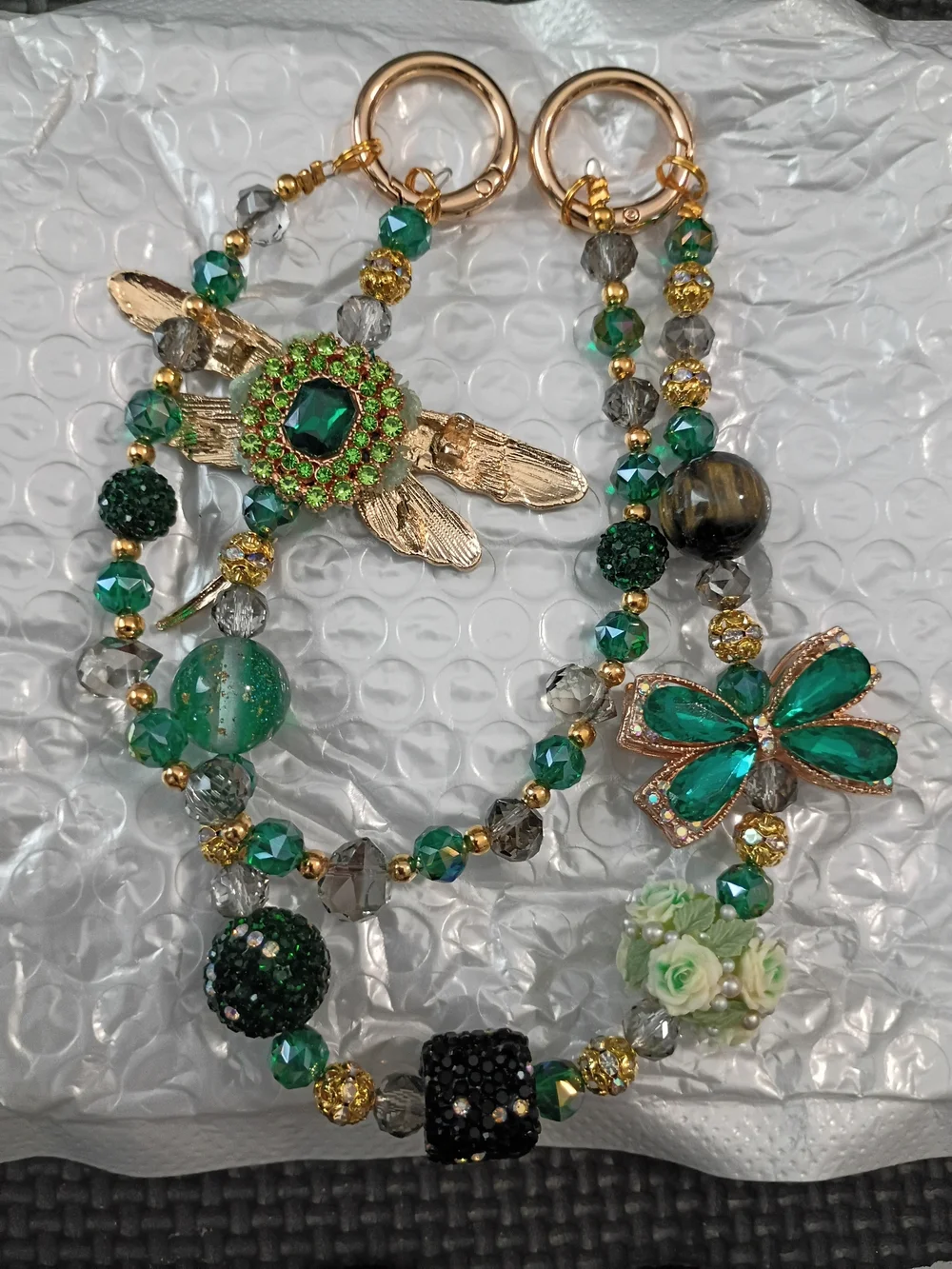 Green Dragonfly & Bow Beaded Keychain Charm - Women Accessories